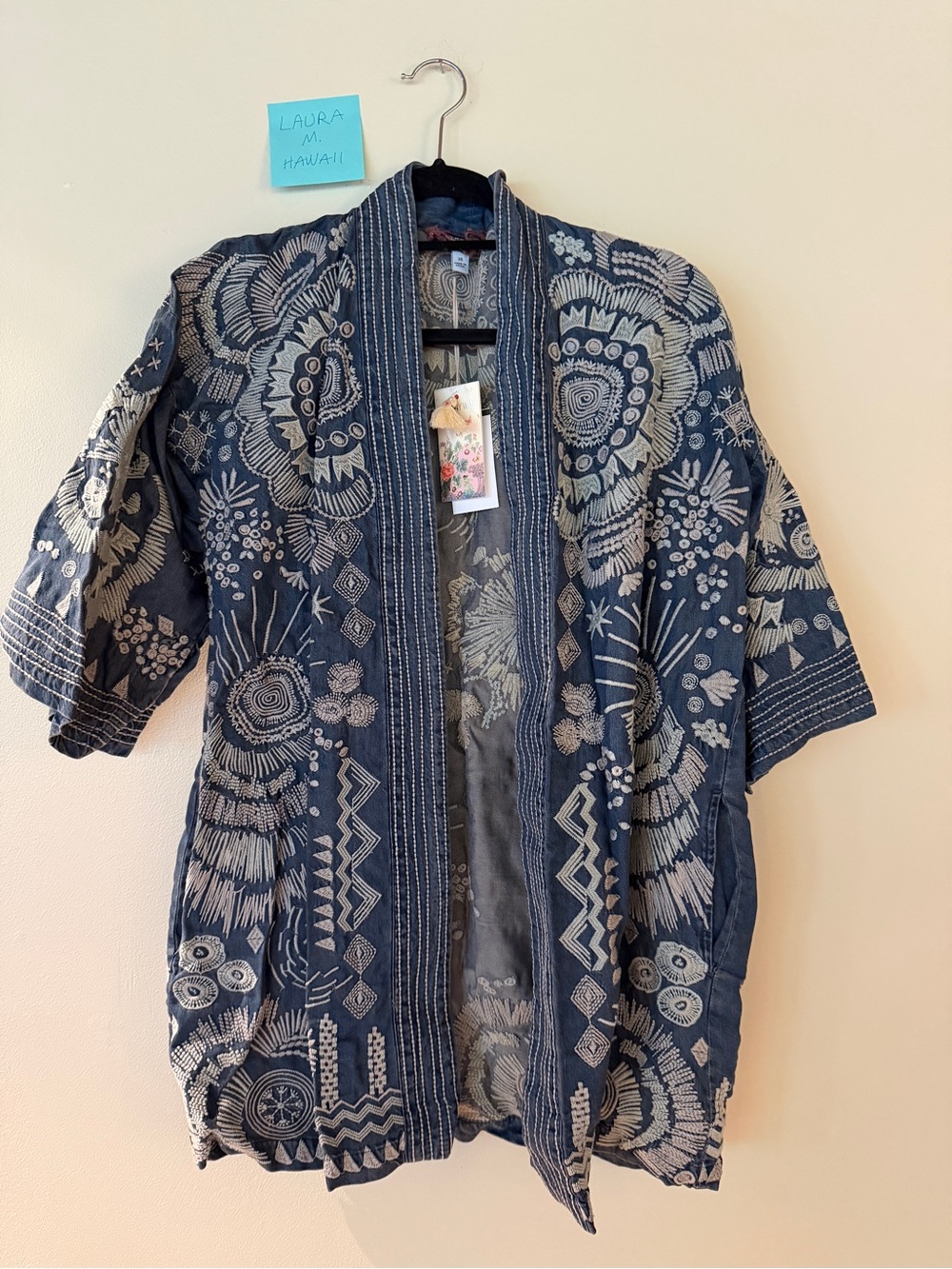 Johnny Was authentic Navy denim Embroidered Kimono Jacket NWT